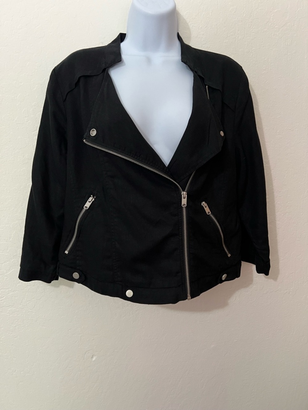 Ana - Black Women's Moto Jacket, Linen Blend